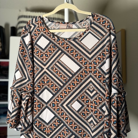 Chico's Brown and Black Graphic Ruffled 3/4 Sleeve Blouse Women’s Plus Size 3 - Picture 5 of 6